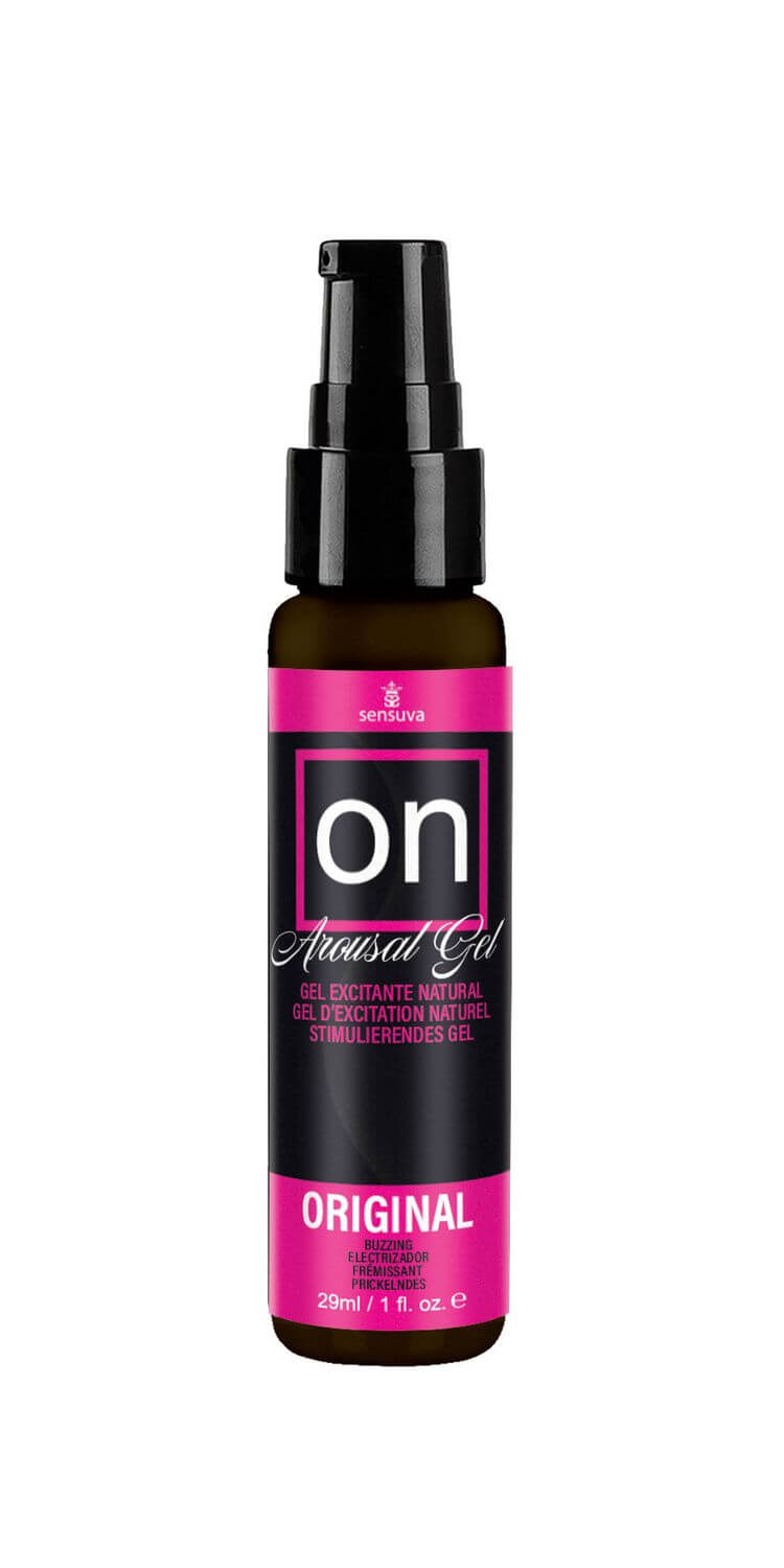 Sensuva On Arousal Gel Original 1 Oz bottle with black and pink design for enhanced pleasure.