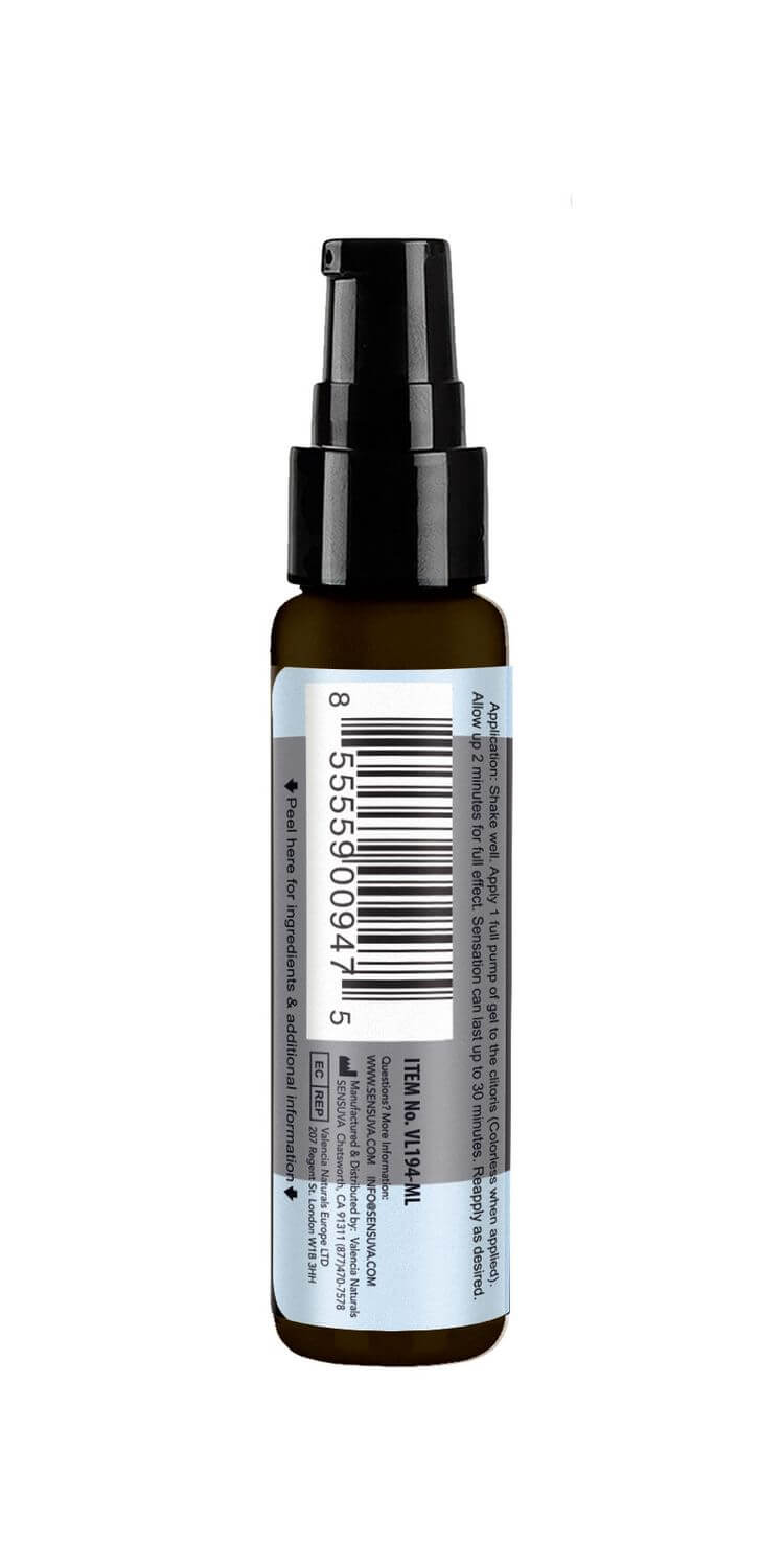 Sensuva On Arousal Gel Ice 1 Oz bottle showing label and pump spray nozzle.