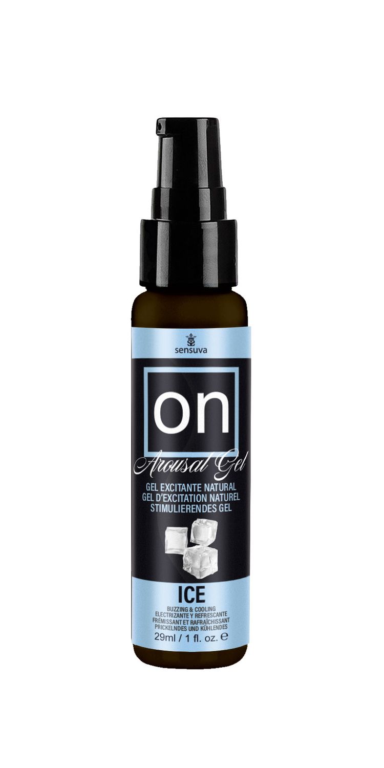 Sensuva On Arousal Gel Ice 1 Oz product in a spray bottle with blue label and ice cube graphics.