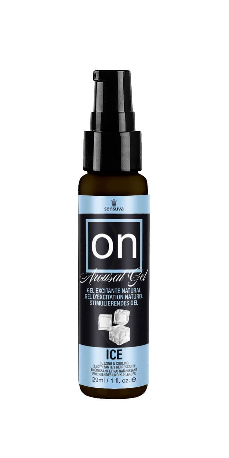 Sensuva On Arousal Gel Ice 1 Oz product in a spray bottle with blue label and ice cube graphics.