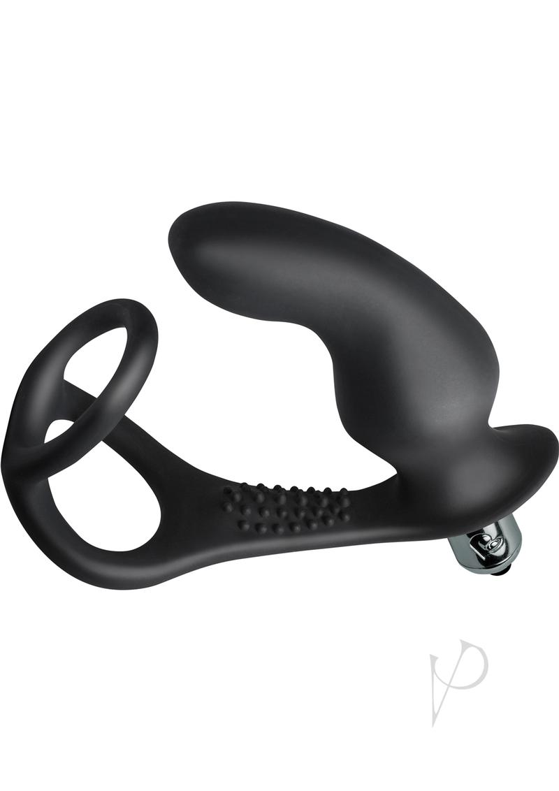 Ro-Zen Pro Silicone Cock Ring Vibrating Butt Plug Black with ergonomic design for dual-action pleasure.