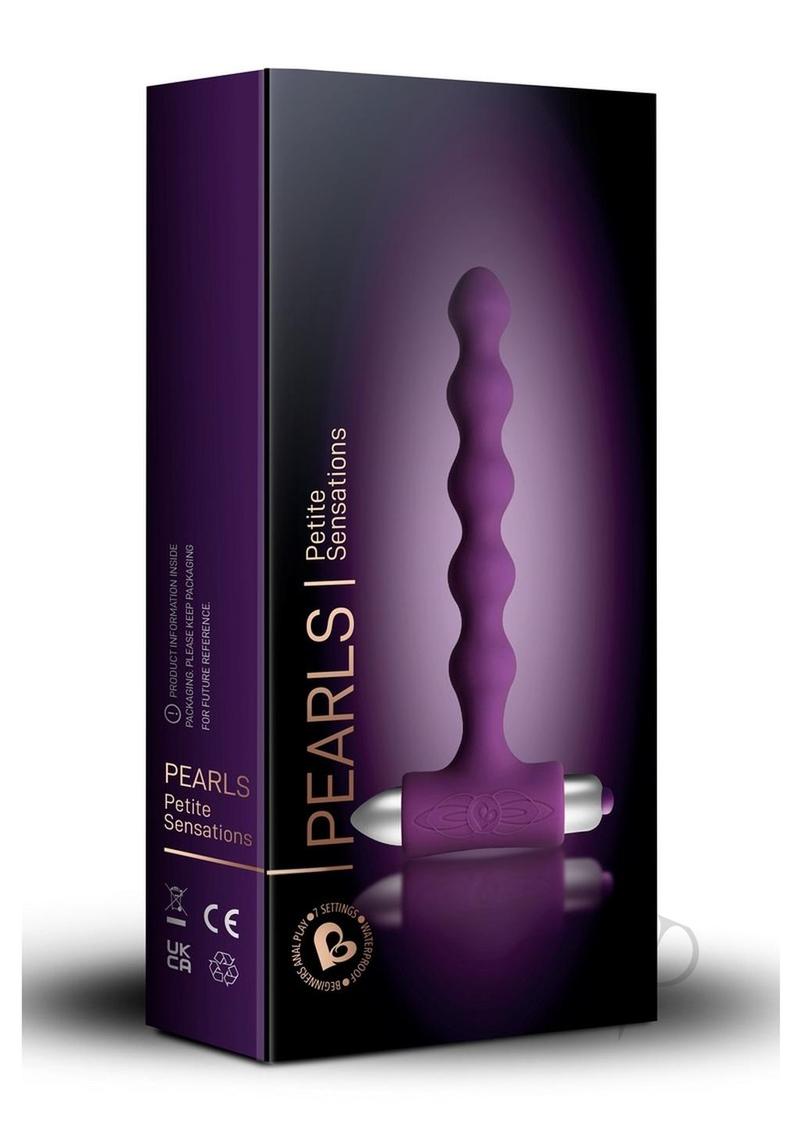 Petite Sensations Pearls Silicone Vibrating Anal Bead Purple packaging featuring graduated vibrating beads.