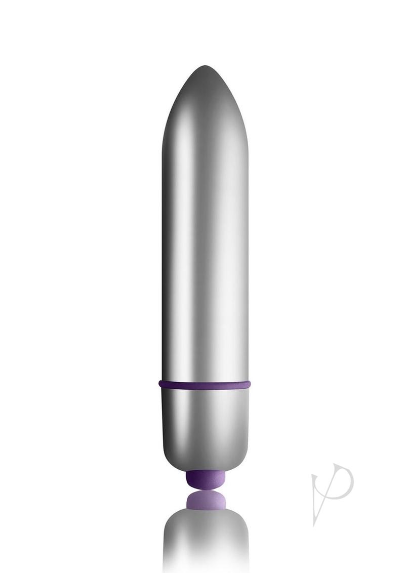 Petite Sensations Pearls Silicone Vibrating Anal Bead Purple with sleek silver design and purple accents.