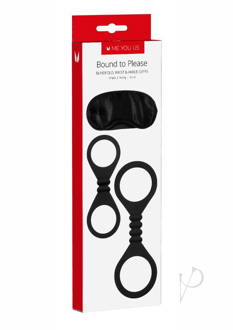 Me You Us Bound to Please Blindfold Cuffs Kit Black packaging with blindfold and black cuffs.