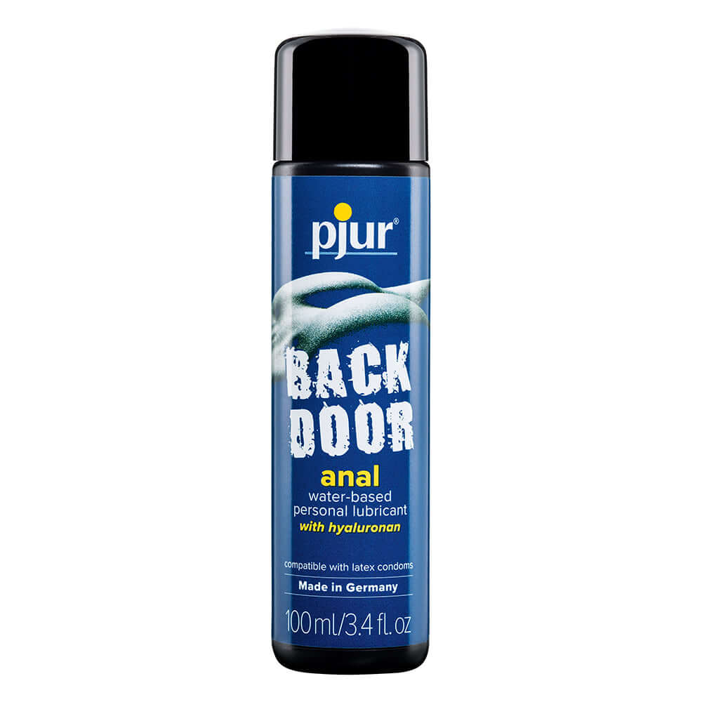 Pjur Back Door Water-Based Anal Lubricant 3.4 Oz bottle with blue label and hyaluronan information.