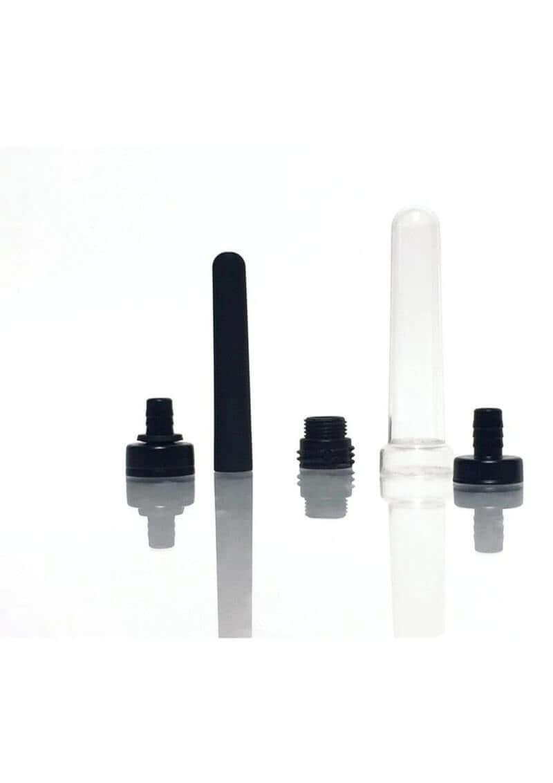 Boneyard The Skwert Silicone Douche Adaptor Kit Set components including black and clear adapters on a reflective surface.