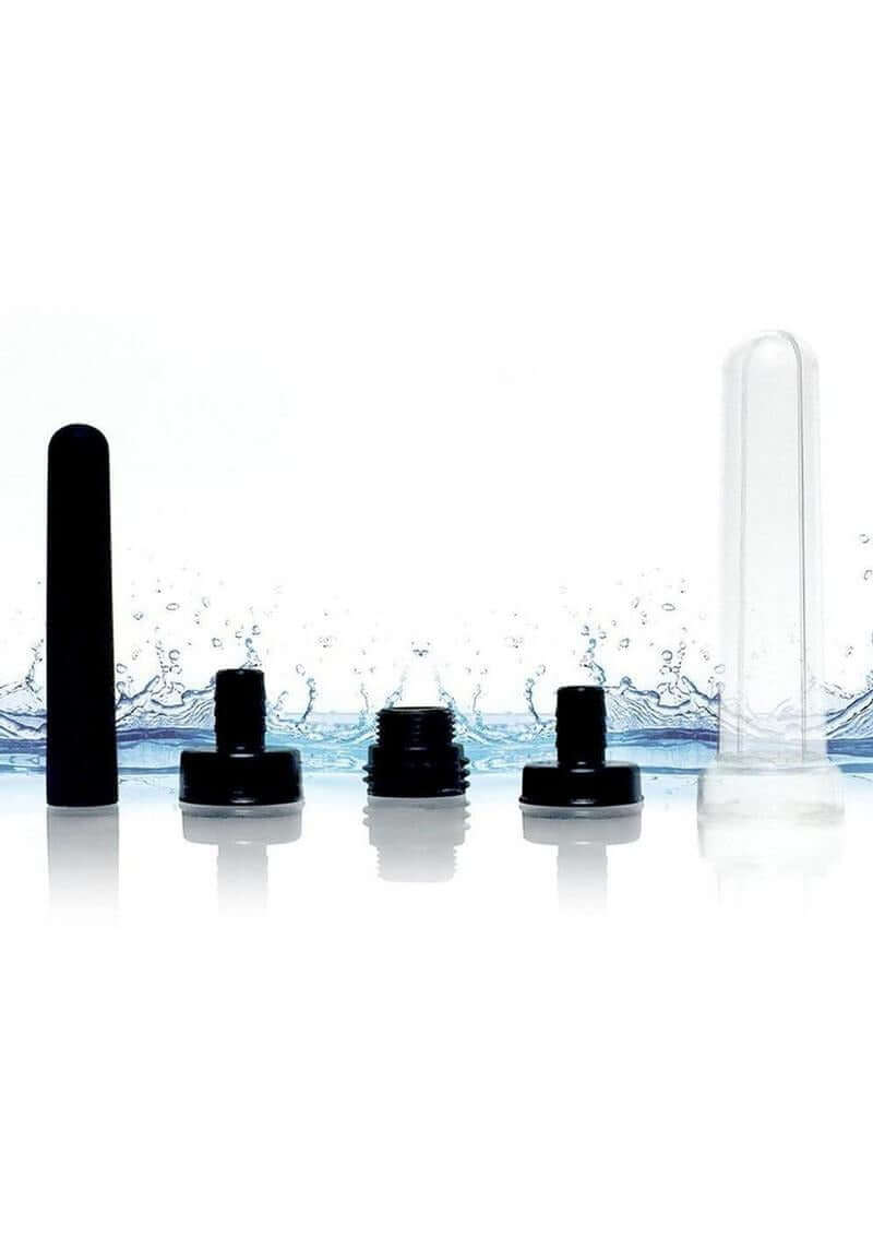Boneyard The Skwert Silicone Douche Adaptor Kit Set components including nozzles and adapters against a water splash background.