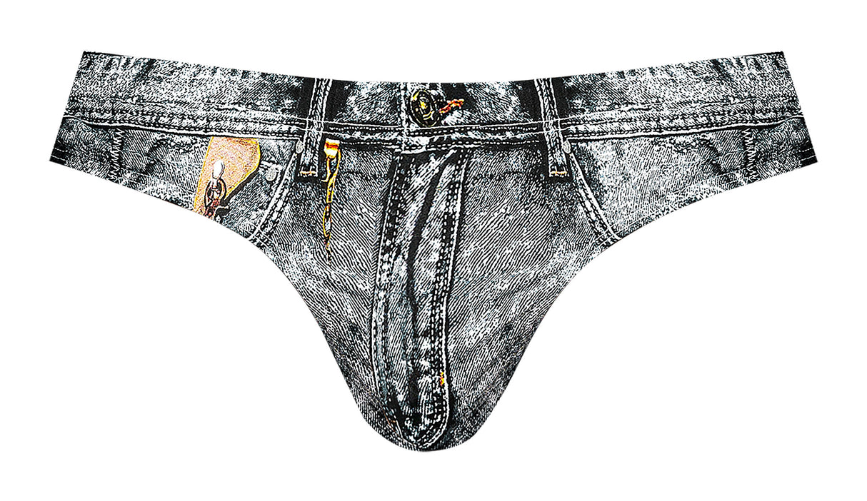 Male Power Dirty Denim Bikini Briefs Blue Small with denim print, faux zipper, and printed pockets.