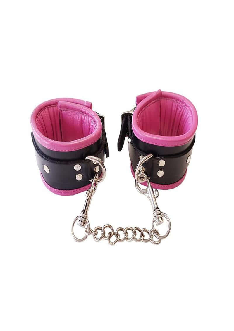 Rouge Padded Leather Adjustable Ankle Cuffs Black and Pink with soft lining and chain for comfort during restraint play.