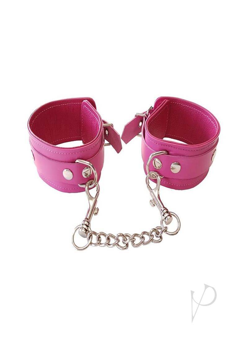 Rouge Plain Leather Adjustable Wrist Cuffs Pink with metal chain connector for intimate play.