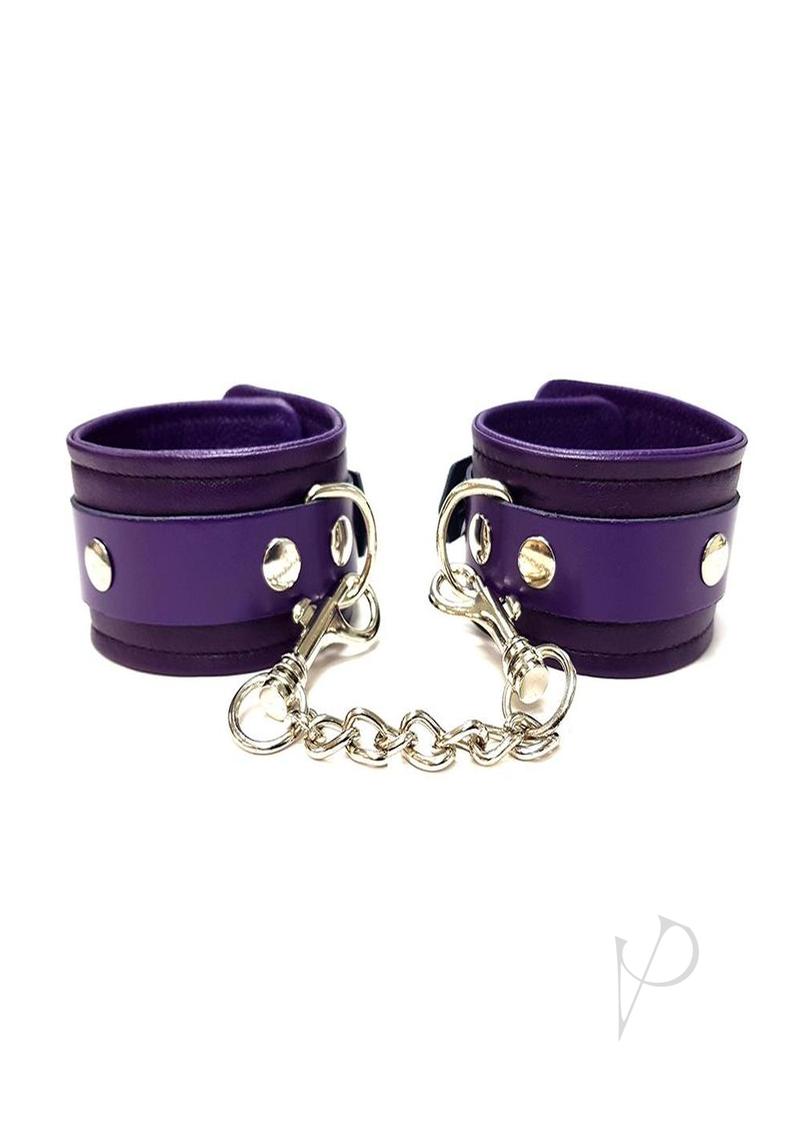 Rouge Plain Leather Adjustable Wrist Cuffs Purple with silver chain and studs for secure restraint.