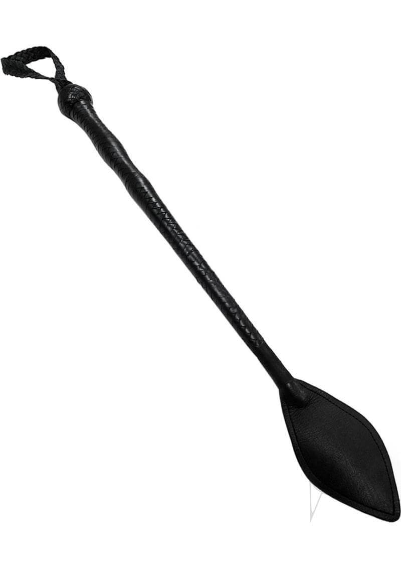 Rouge Whip with Leather Wrist Loop Black, a hand-braided bull whip in sleek black leather, perfect for dramatic sensation play.