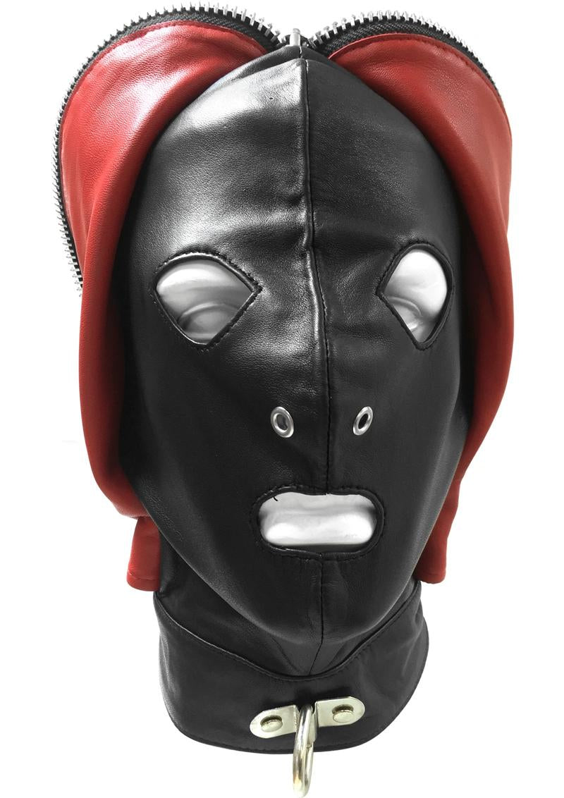 Rouge Leather Fly Trap Mask Adjustable Black and Red designed for fetish play, featuring a two-layer leather design.