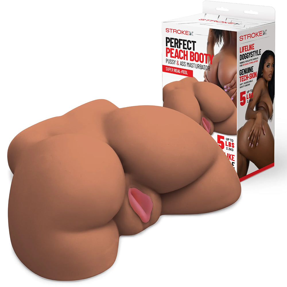 Stroke-x Perfect Peach Booty Masturbator Brown showing lifelike details and packaging, crafted from genuine Tech-Skin.