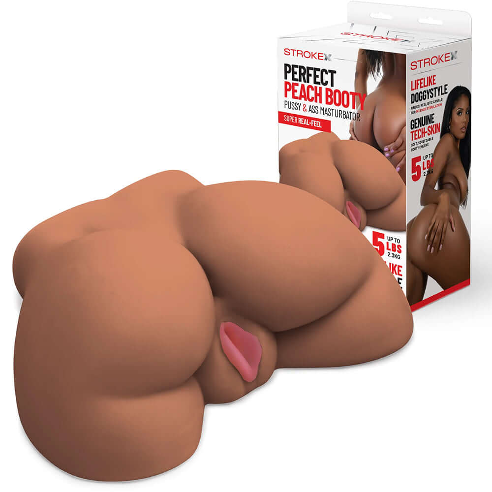 Stroke-x Perfect Peach Booty Masturbator Brown showing lifelike details and packaging, crafted from genuine Tech-Skin.