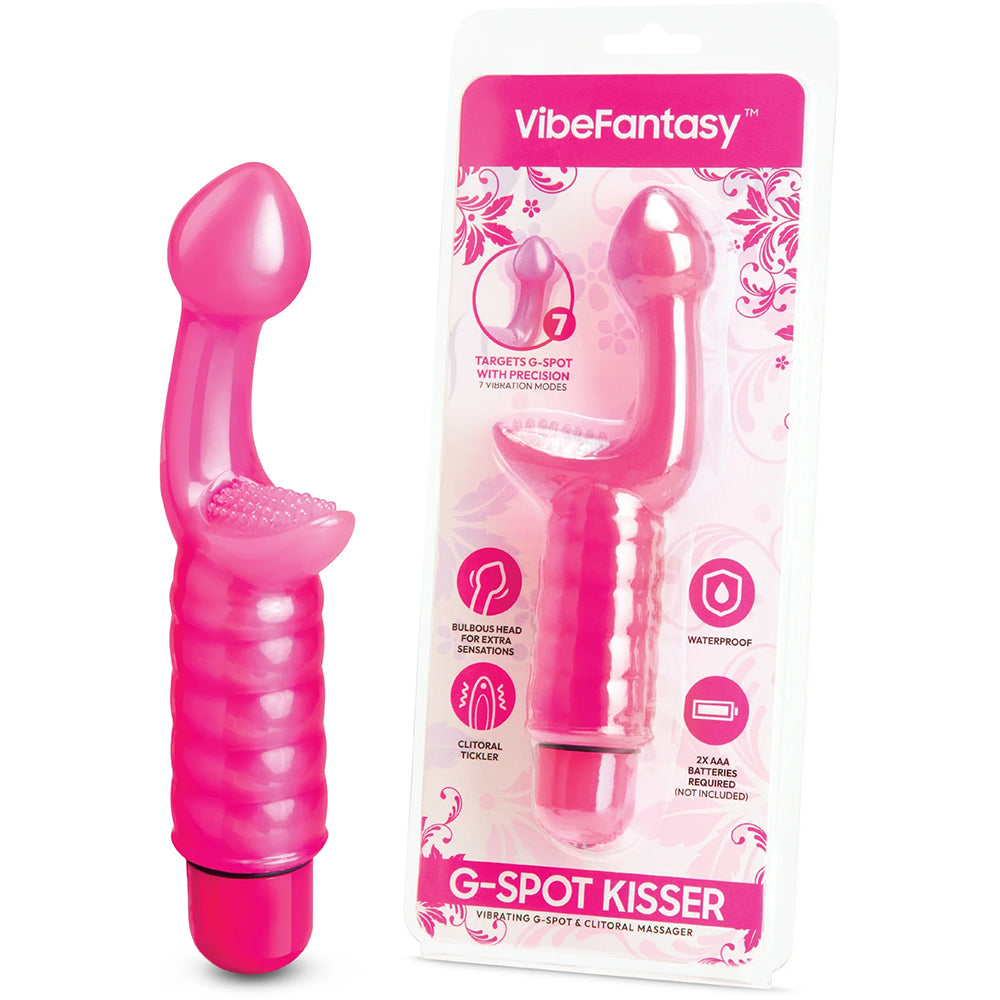 Vibe Fantasy Butterfly G-Spot Kisser Vibrator Pink with packaging and detailed features displayed.