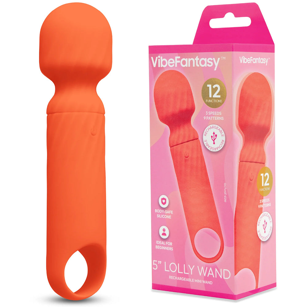 Vibefantasy 5 inch Lolly Mini Wand Orange in packaging, showcasing its playful design and travel-friendly size.