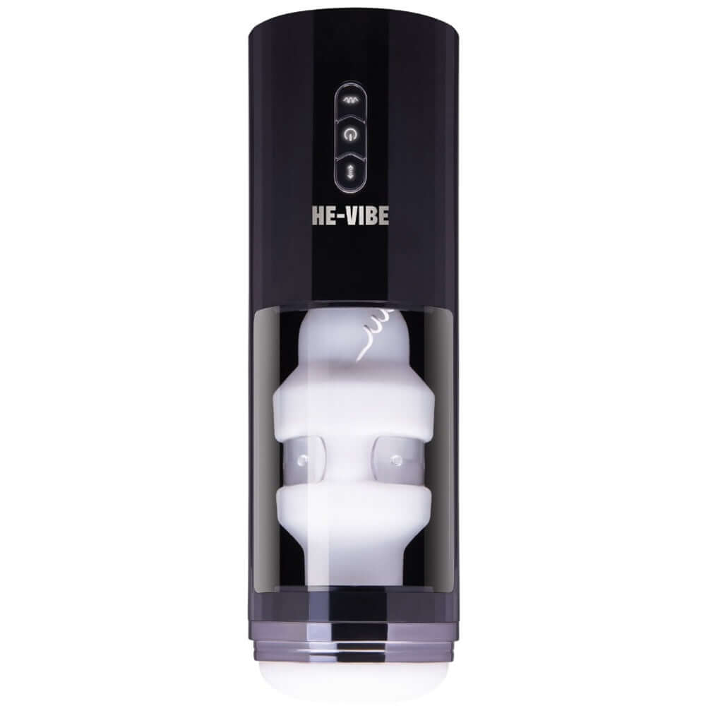 He-Vibe Thrust & Bust Thrusting Vibrating Masturbator with automatic thrusting and vibration features.