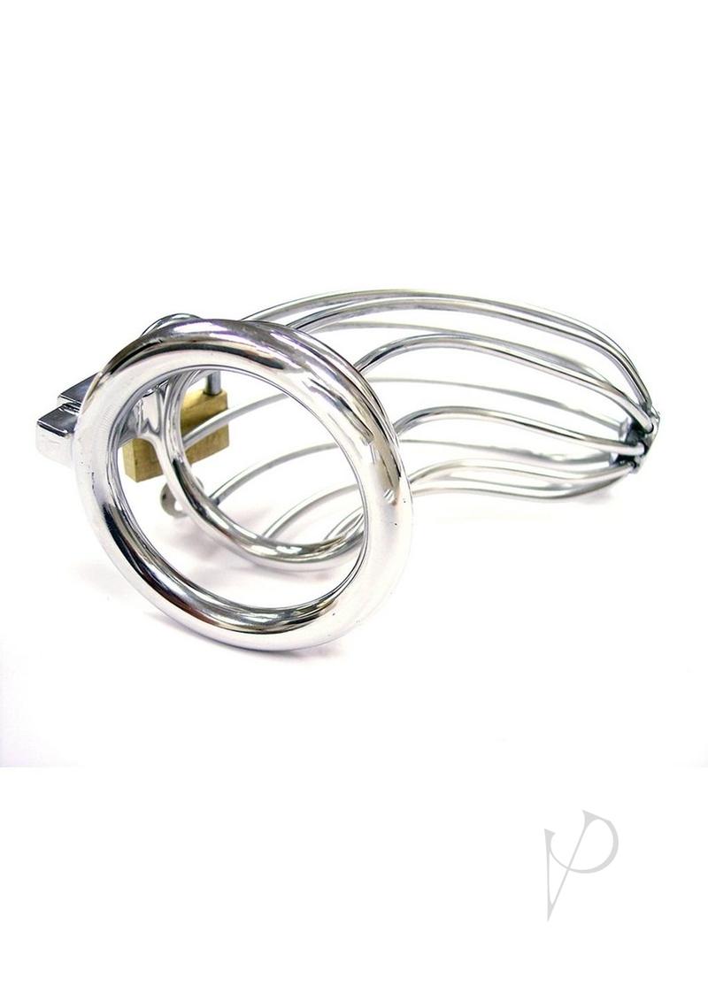 Rouge Stainless Steel Chastity Cock Cage & Padlock in sleek polished design and secure fit.