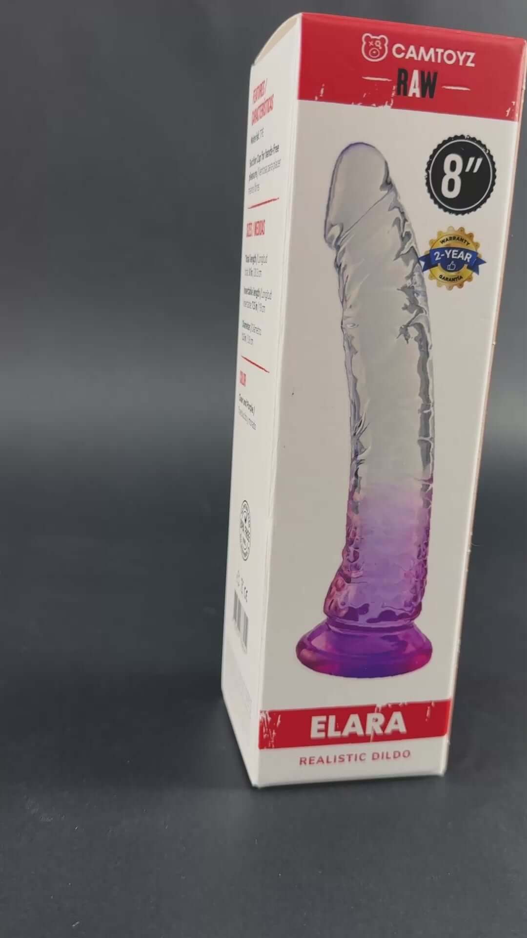Camtoyz Realistic Dildo Elara 8 inches in packaging, showcasing its lifelike design and purple gradient detail.