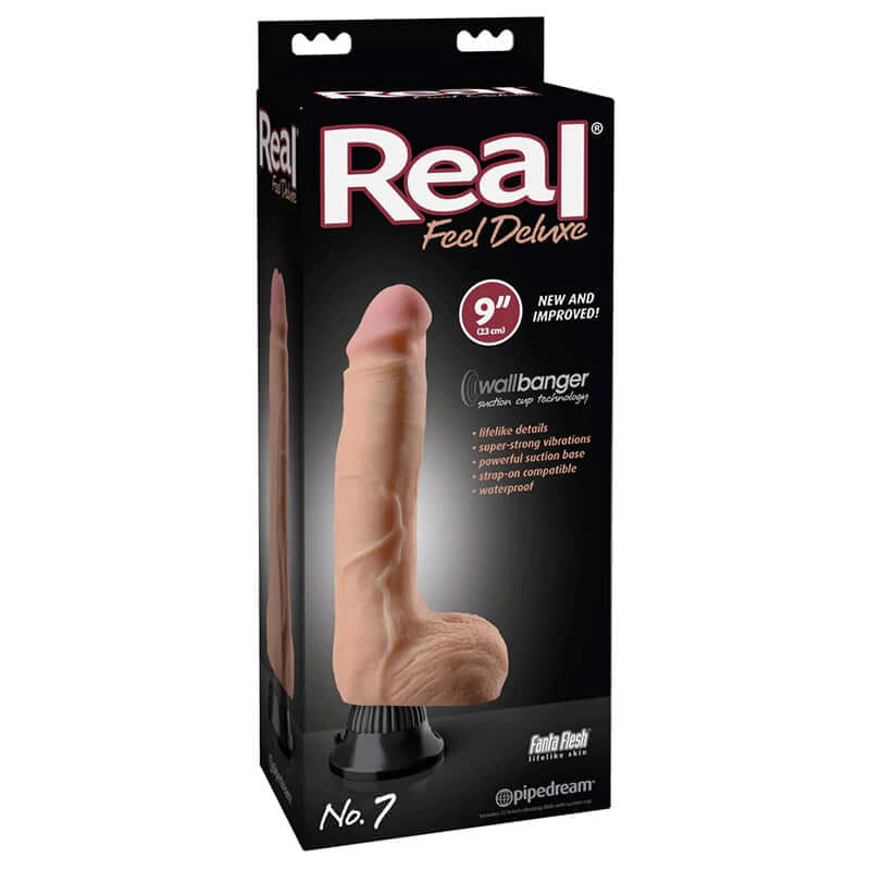 Real Feel Deluxe No. 7 Realistic 9 in. Vibrating Dildo With Balls and Suction Cup Beige