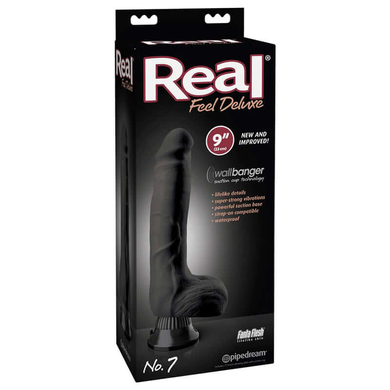 Real Feel Deluxe No. 7 Realistic 9 inches Vibrating Dildo With Balls and Suction Cup Black