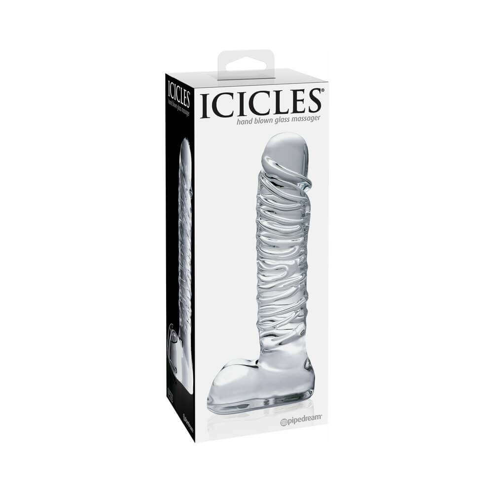 Icicles Number 63 Ribbed Realistic 8.5 inches Glass Dildo packaging showing luxurious design and hand-crafted texture.