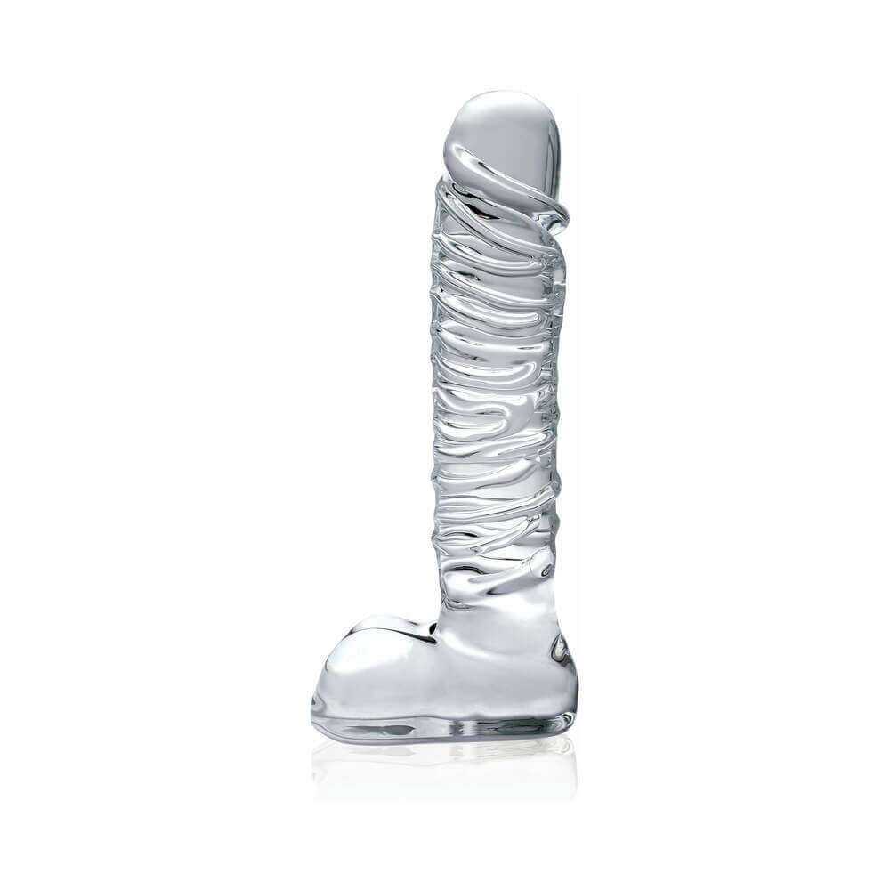 Icicles Number 63 Ribbed Realistic 8.5 inches Glass Dildo with elegant ribbed design and smooth glass finish.