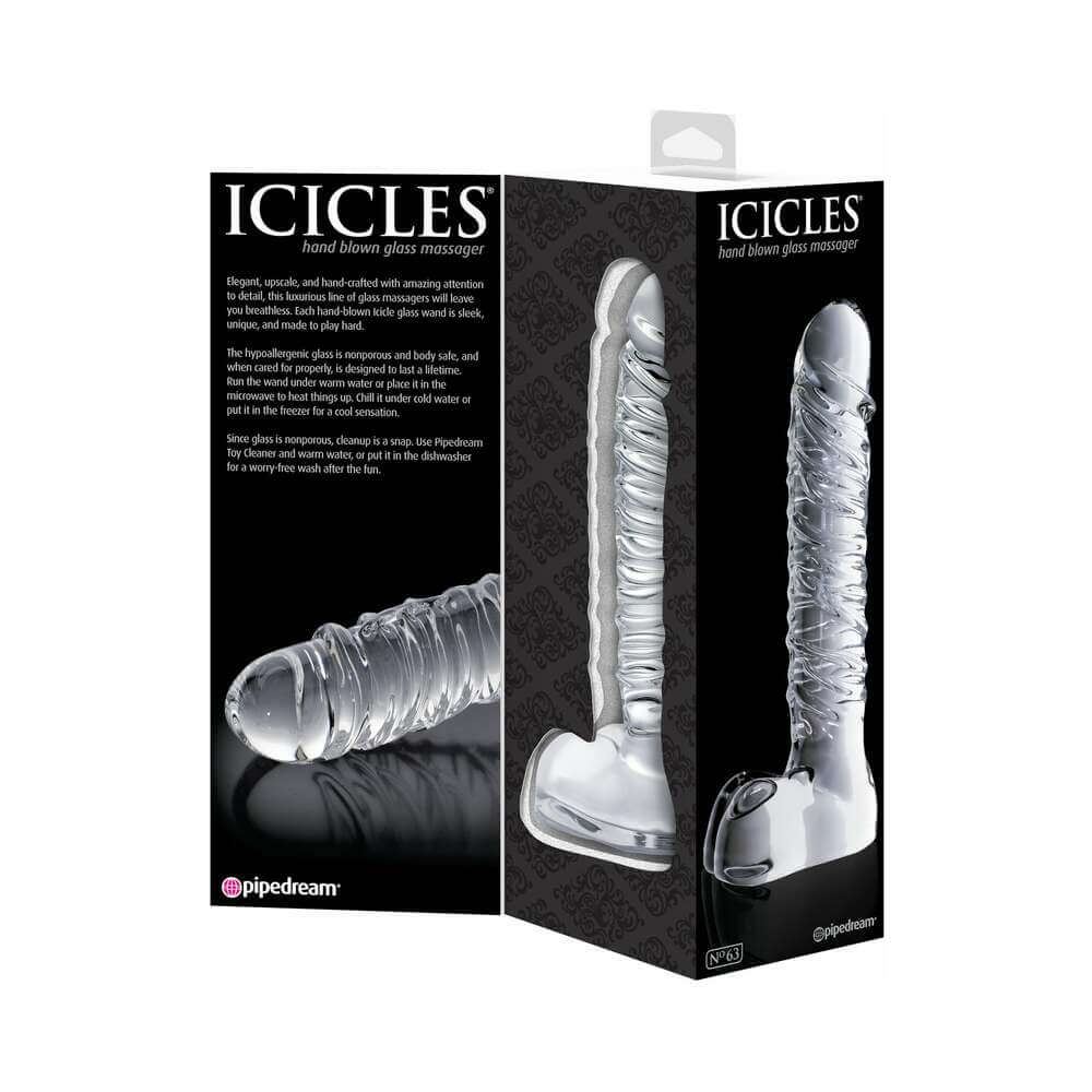 Icicles Number 63 Ribbed Realistic 8.5 inches Glass Dildo packaging and product view, showcasing its elegant design.