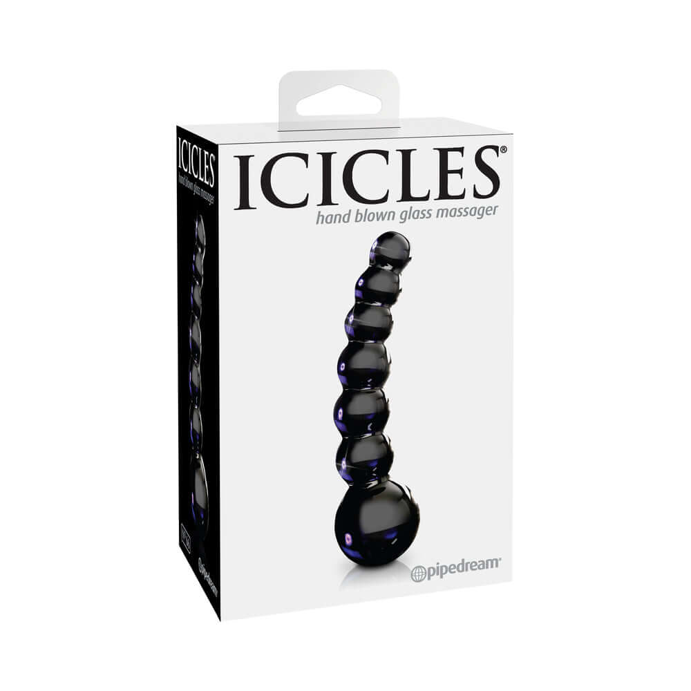 Icicles Number 66 Curved Beaded Glass Dildo Black 4.75 inch packaging showcasing luxury and design.