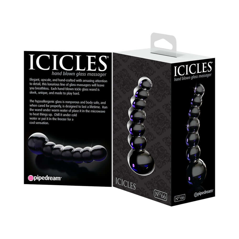 Icicles Number 66 Curved Beaded Glass Dildo Black 4.75 inch elegant boxed with detailed design and product information.