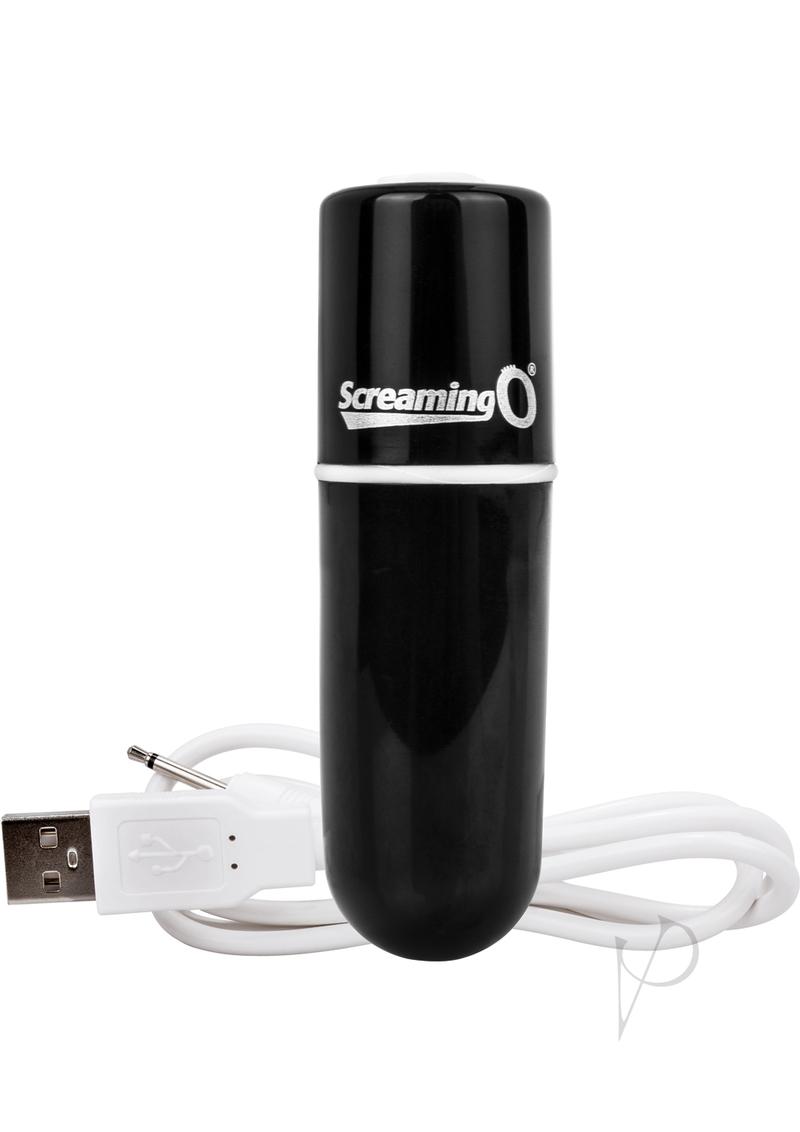 Charged Vooom Rechargeable Bullet Vibrator Black with USB charging cable for intimate stimulation.