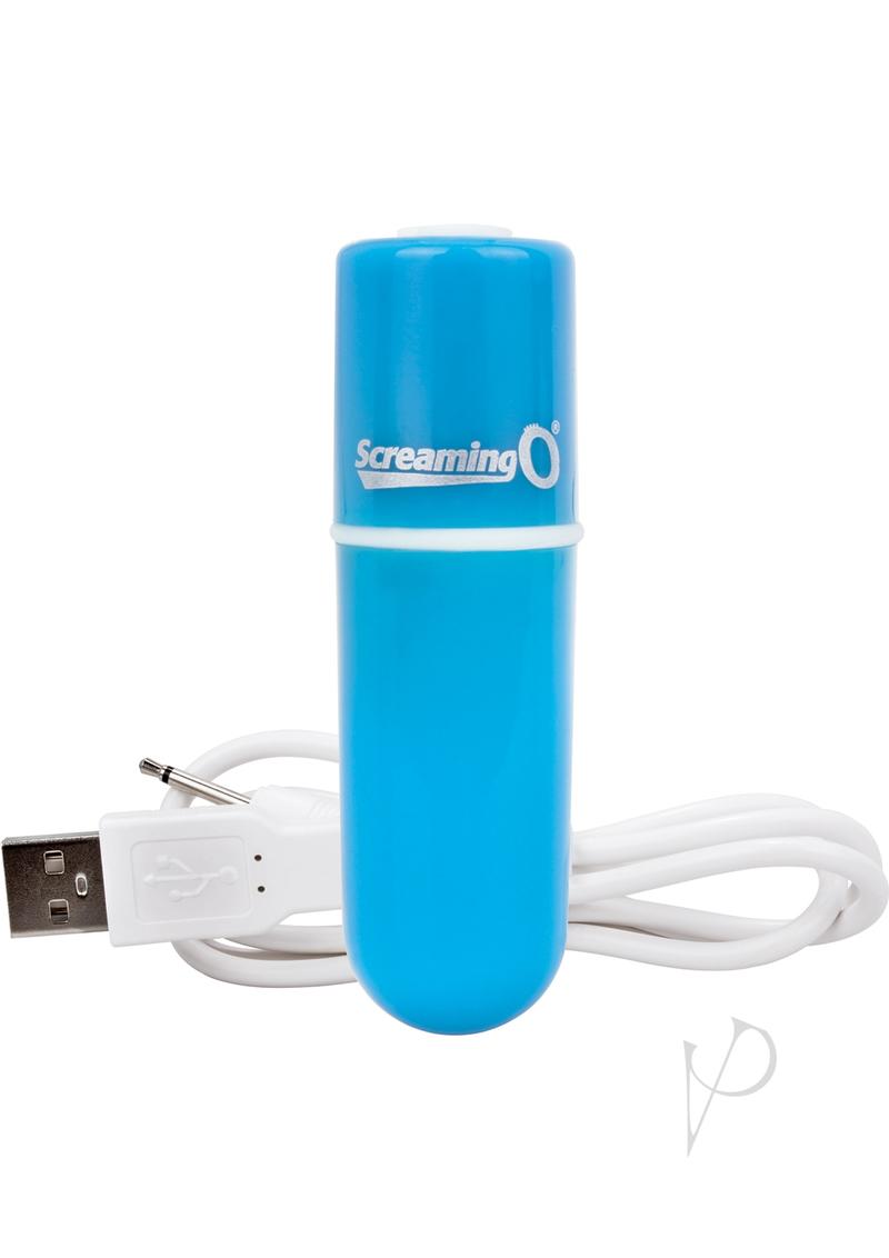 Charged Vooom Rechargeable Bullet Vibrator Blue with USB charging cable, compact and powerful design.