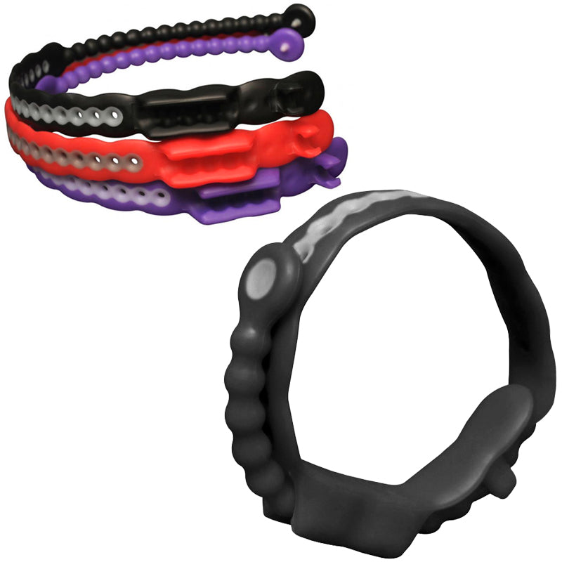 Perfect Fit Speed Shift Cock Ring 17 Adjustments Black in multiple colors showcasing size adjustments and design.