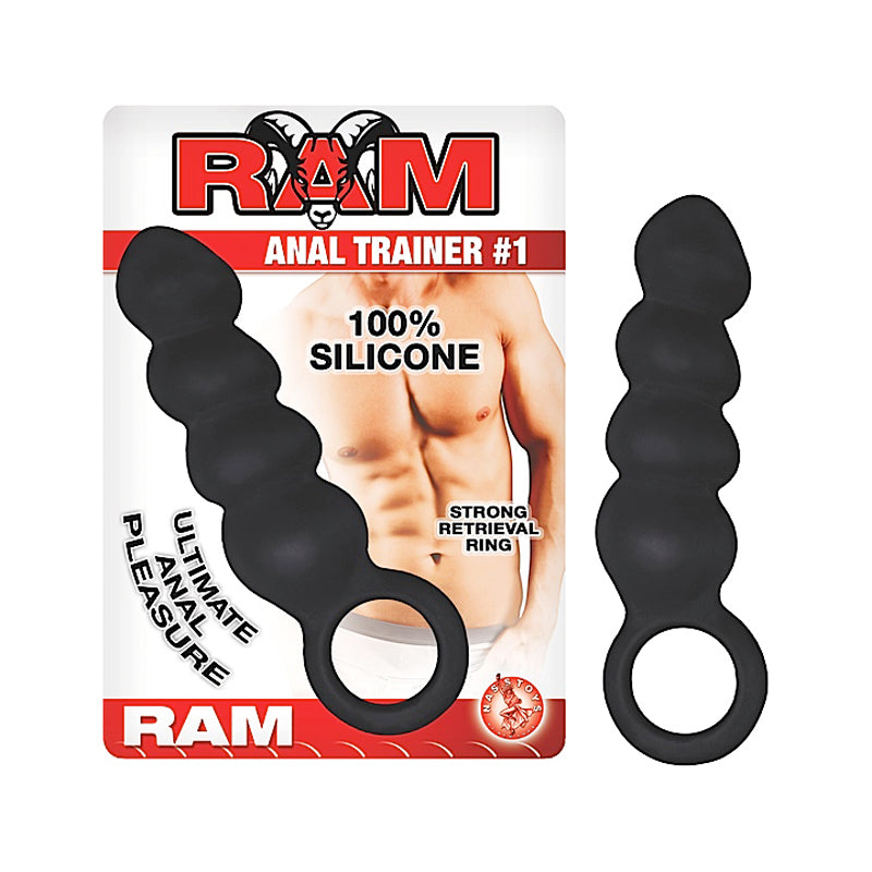 Ram Anal Trainer #1 4 inches Silicone Rippled Anal Plug With Retrieval Ring (Black)