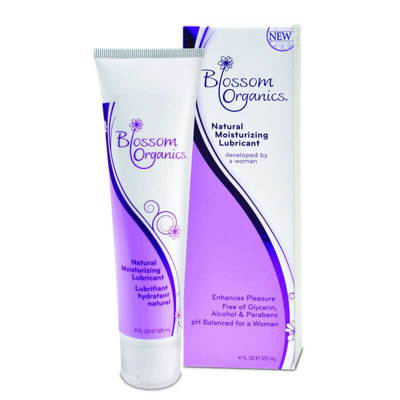 Blossom Organics Natural Lubricant 4 Oz tube and packaging, pH balanced, moisturizing for enhanced intimacy.