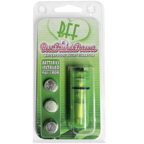 BFF Waterproof Vibrating Bullet Green in packaging with batteries included, ideal for portable pleasure.