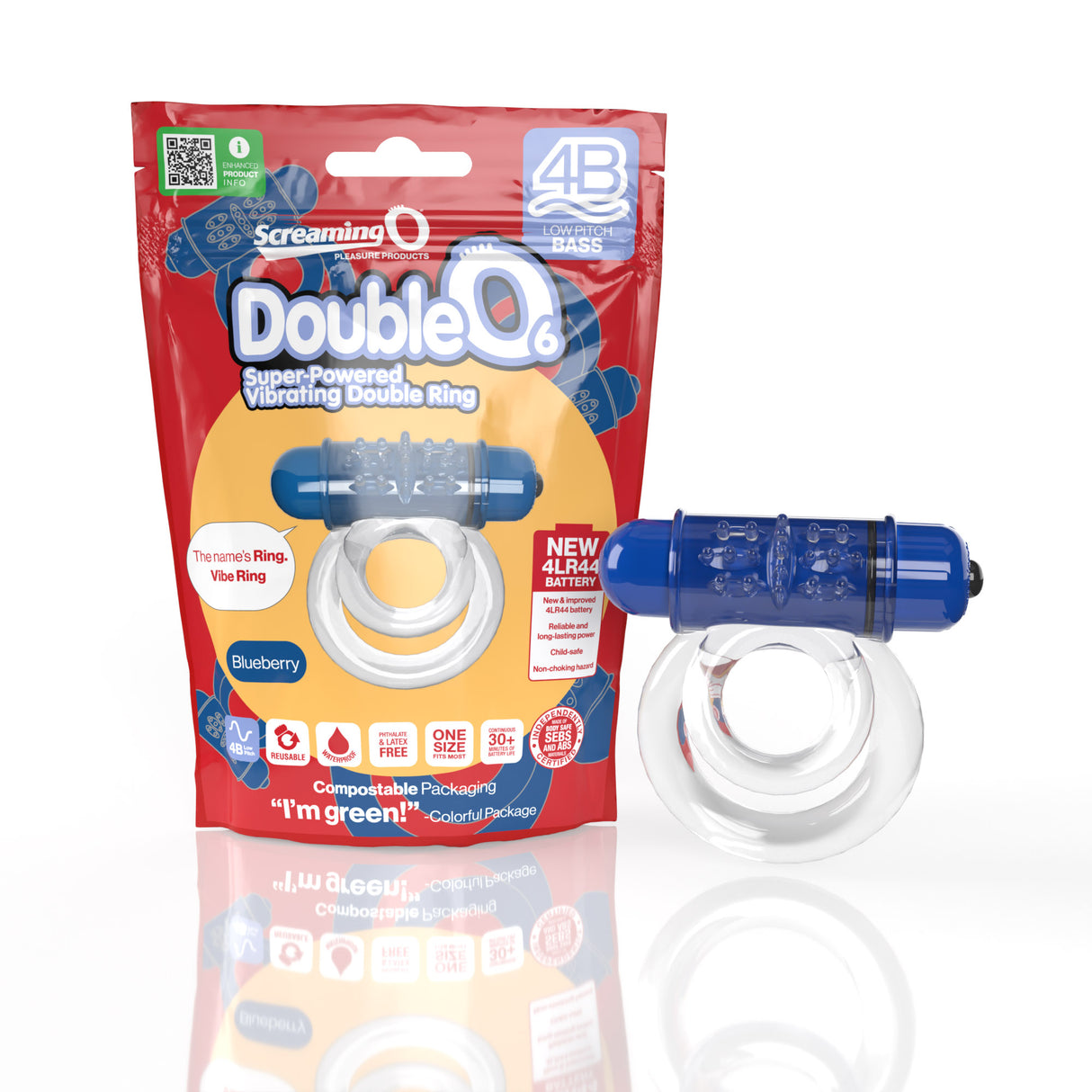 Screaming O 4B Double O 6 Blueberry Vibrating Cock Ring in packaging with blue vibe and clear rings.