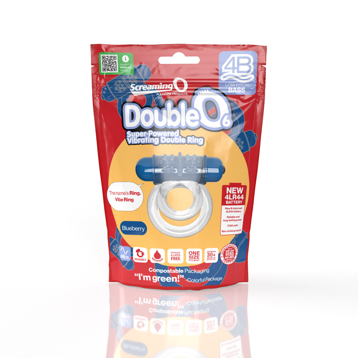 Screaming O 4B Double O 6 Blueberry Vibrating Cock Ring packaging with product details.