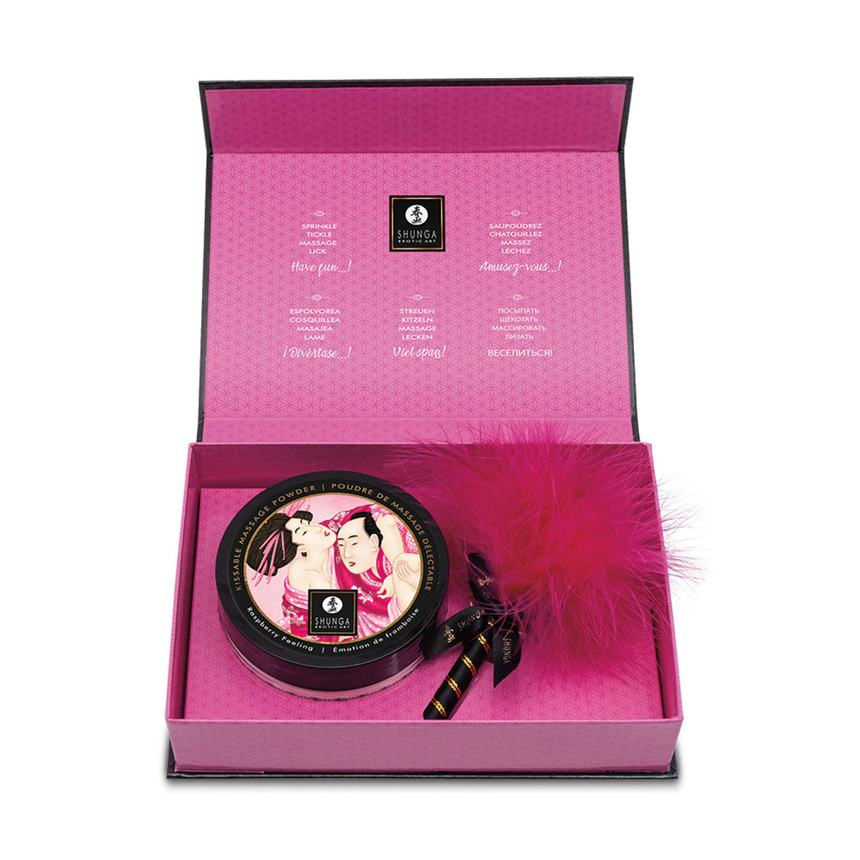 Shunga Kissable Body Powder Raspberry Filling 2.65 Oz in a stylish pink box with feather applicator.