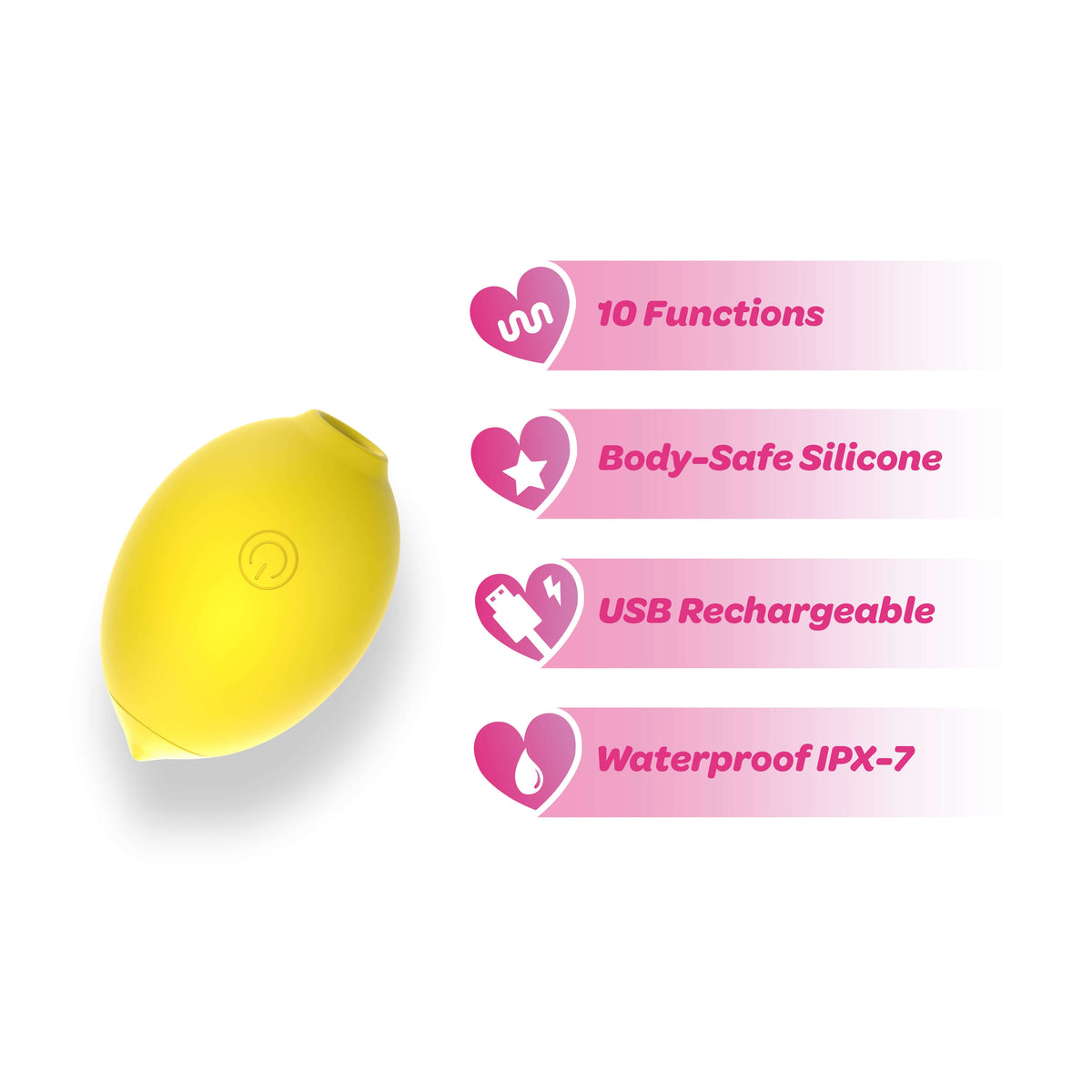 Dreamii Lemon Bliss Suction Stimulator features 10 functions, body-safe silicone, USB rechargeable, and waterproof IPX-7.