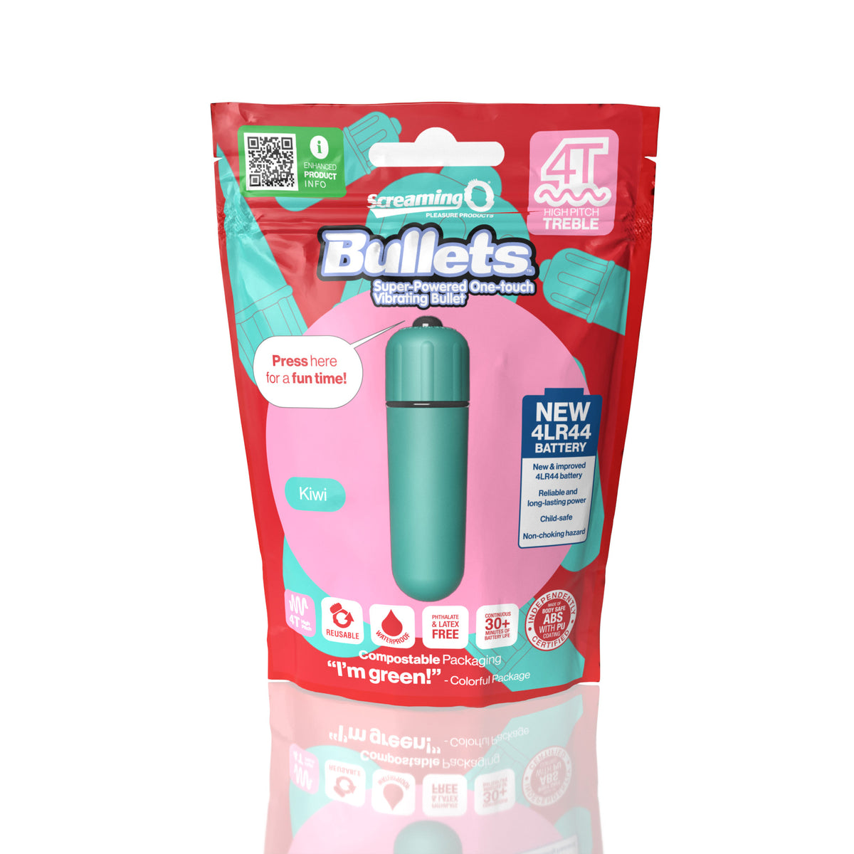 Screaming O 4T Bullet Vibrator Kiwi Green Treble packaging showcasing its features and design.