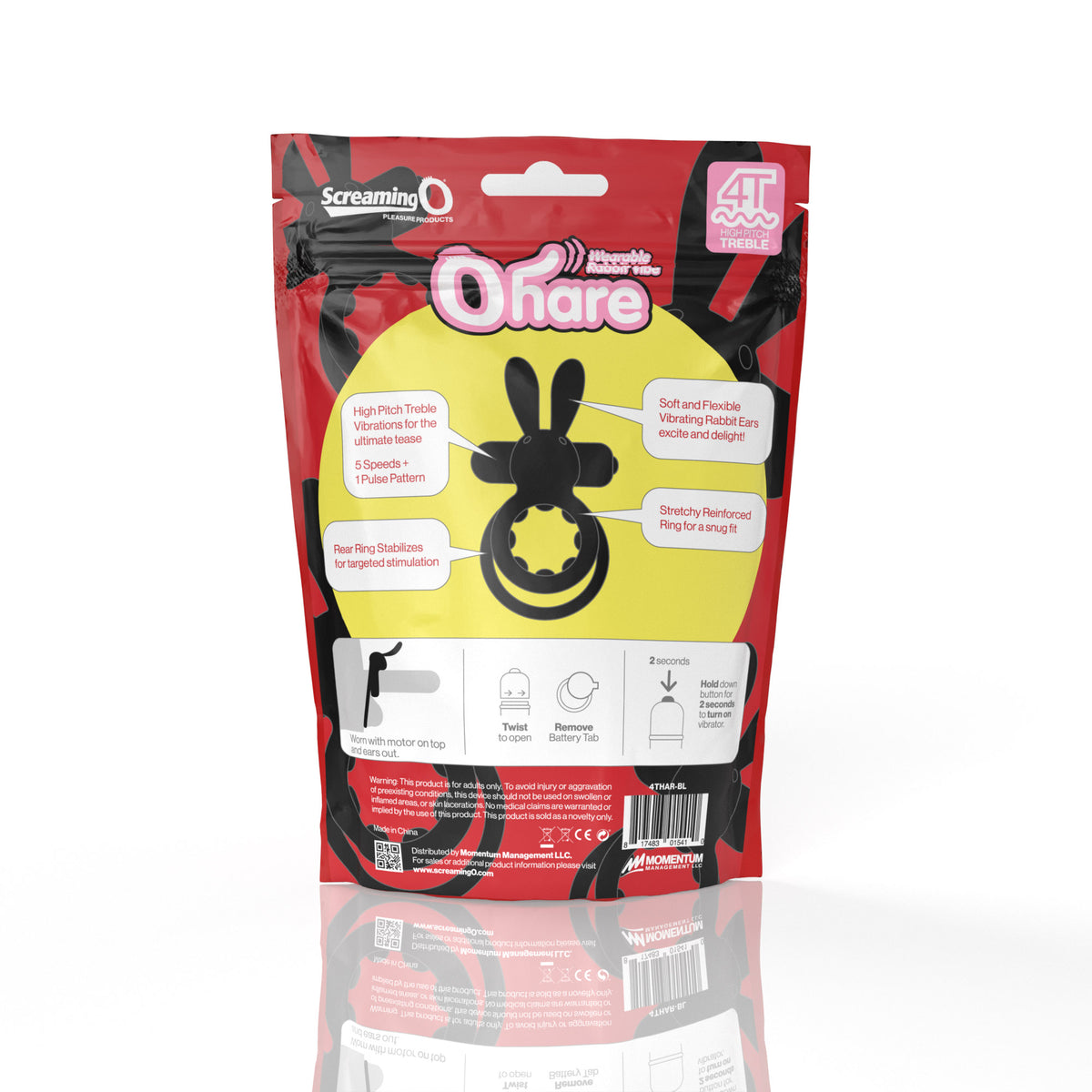 Screaming O 4T Ohare Vibrating Cock Ring Black packaging with product features and benefits highlighted.
