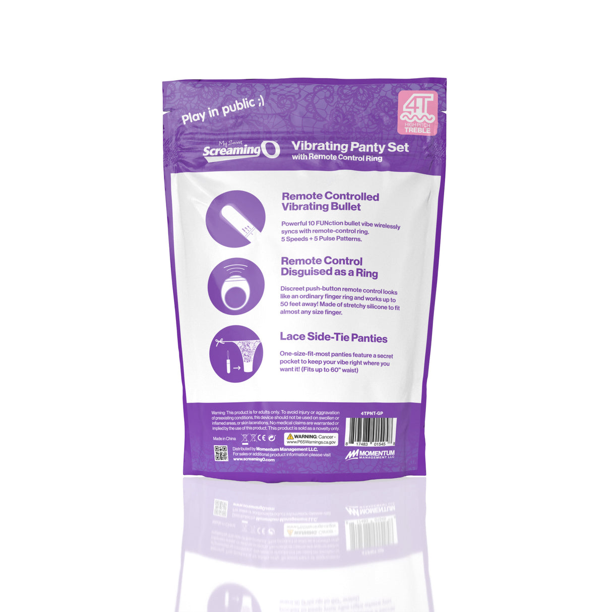 Screaming O My Secret 4T Panty Vibe Grape Purple packaging showing remote controlled vibrating bullet and lace side-tie panties.
