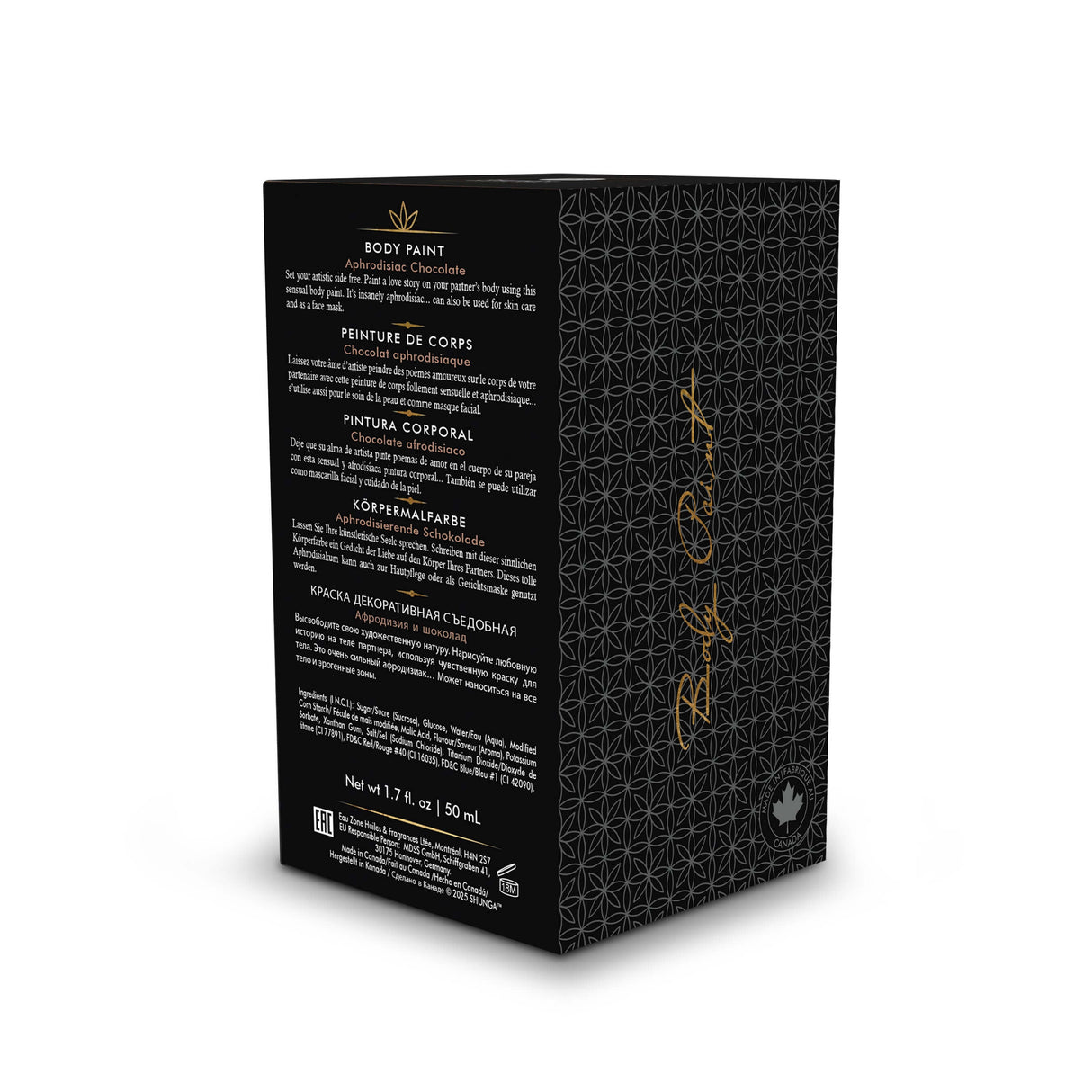 Shunga Edible Body Paint Aphrodisiac Chocolate packaging design featuring detailed instructions and ingredients.