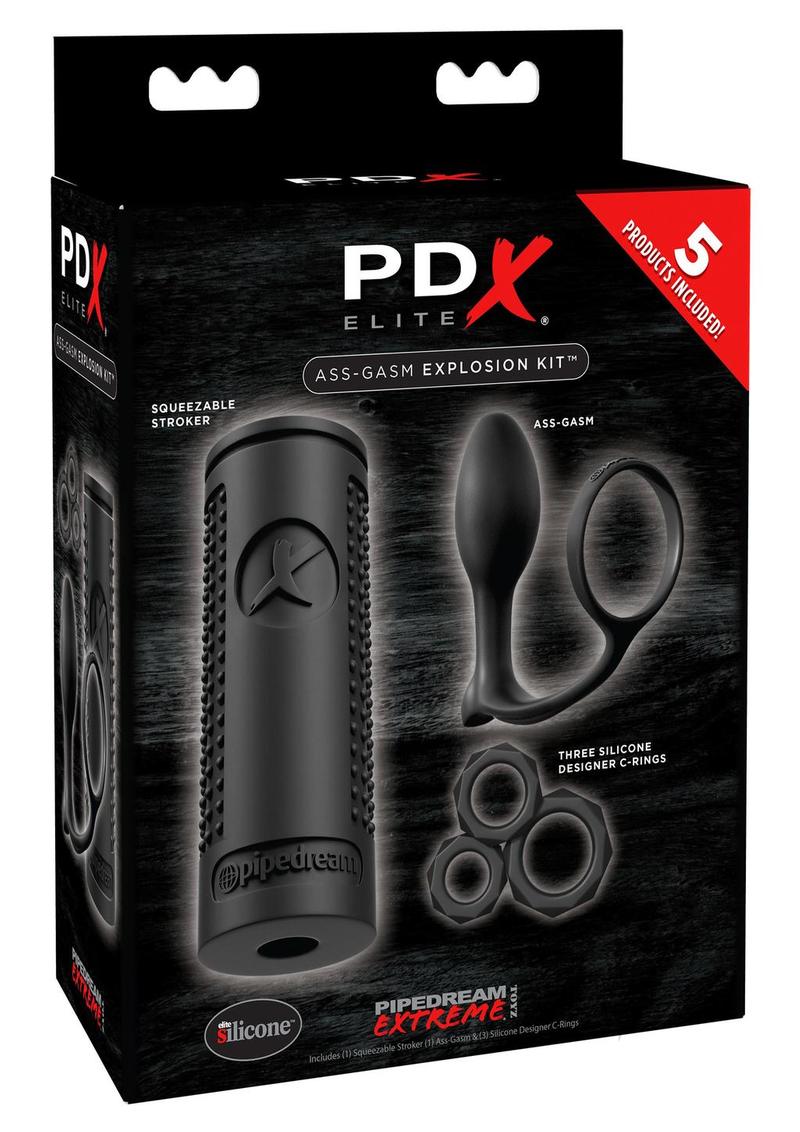 PDX Elite Ass-gasm Explosion Kit Masturbator Black packaging with stroker and silicone accessories.