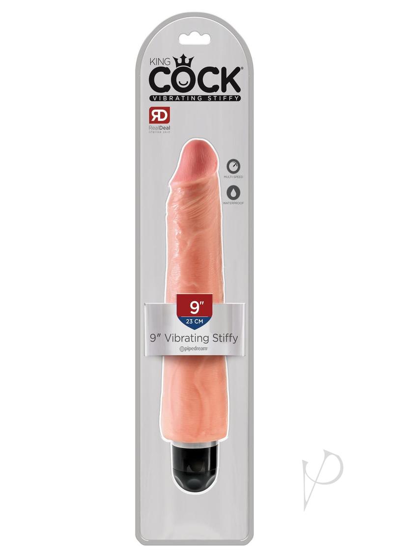 King Cock Vibrating Stiffy Dildo 9 inch Vanilla packaging showcasing its lifelike design and multispeed functionality.