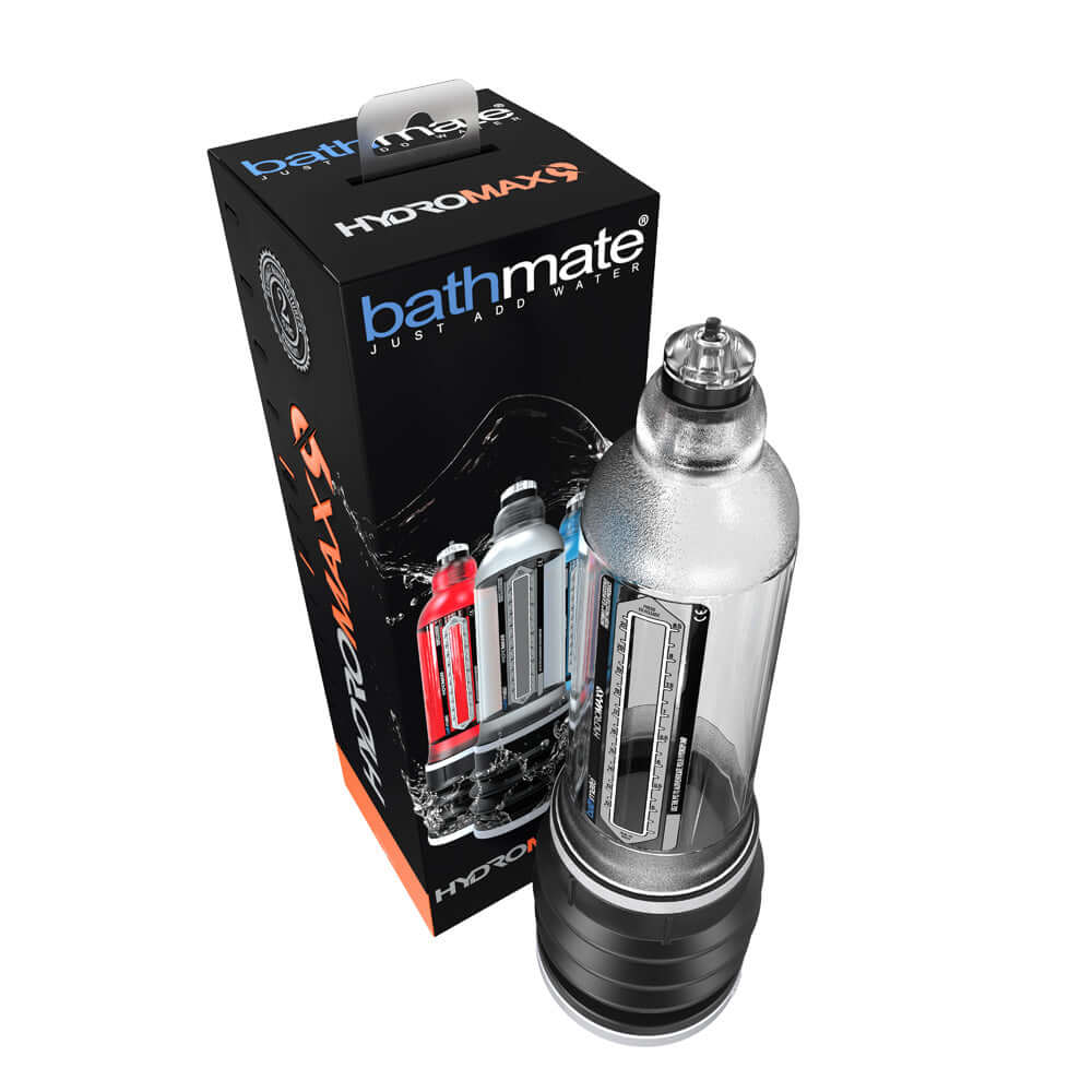 Bathmate Hydromax 9 Crystal Clear hydrotherapy pump with packaging, designed for powerful performance and customized fit.