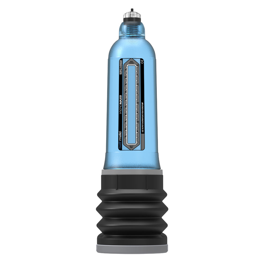 Bathmate Hydromax 9 Aqua Blue Hydro Penis Pump showcasing hydropump technology with water-based vacuum system.