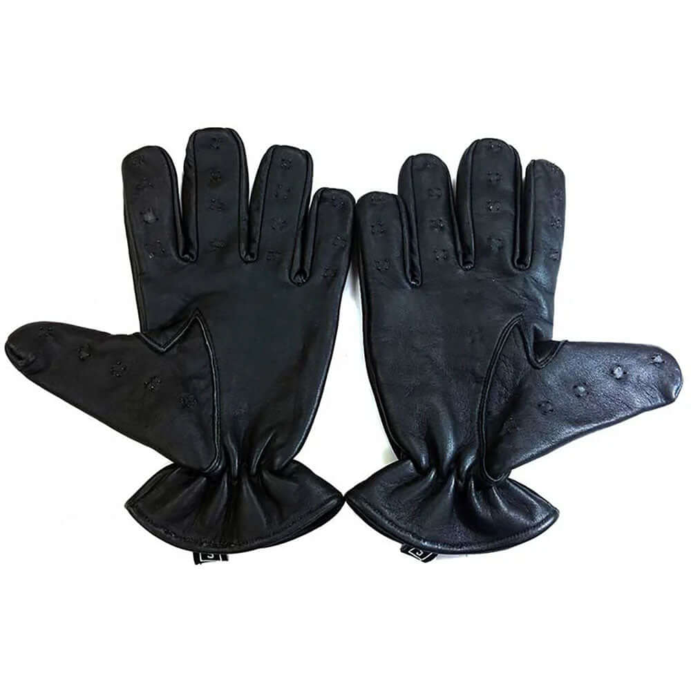 Rouge Vampire Leather Gloves Black Large displayed, featuring durable leather with elasticated wrist and metal spikes.